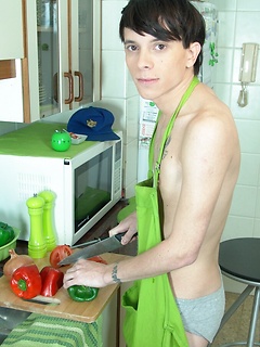 Teen boy Kevin sizzles in the kitchen