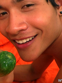Ruy goes for the thicker cucumber and fuck his hairy Asian ass