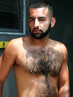 Hot bearded stud David Camacho shows off his hairy body and furry ass in a sexy backyard shower scene