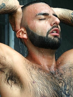 Hot bearded stud David Camacho shows off his hairy body and furry ass in a sexy backyard shower scene