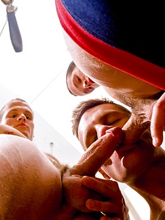 Threesome with athletic guys