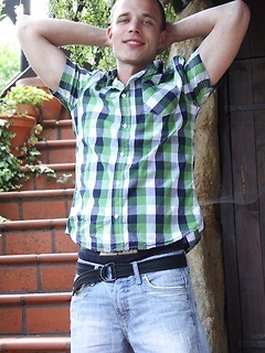 Gorgeous Roy Garret masturbating outdoors.