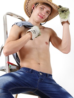 Swen Larson stroking his cock on the ladder.